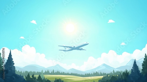 Airplane Flying Above Sunny Landscape Illustration photo