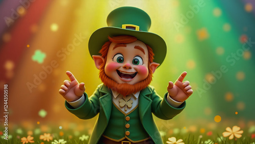 AI-generated image of a 3D animation-style leprechaun celebrating St. Patrick's Day with a rainbow and pot of gold