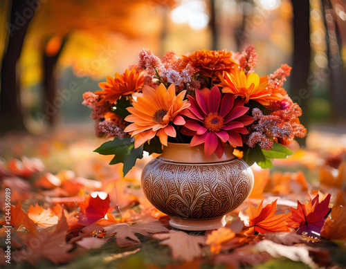A clay vase filled with vibrant orange and burgundy autumn flowers sits among scattered fall leaves in a warm, sunlit outdoor setting.