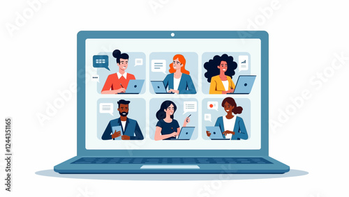 Video conference meeting. laptop screen with office team people on application windows having conversation. People work on laptops, tablets, taking notes. Flat design vector.