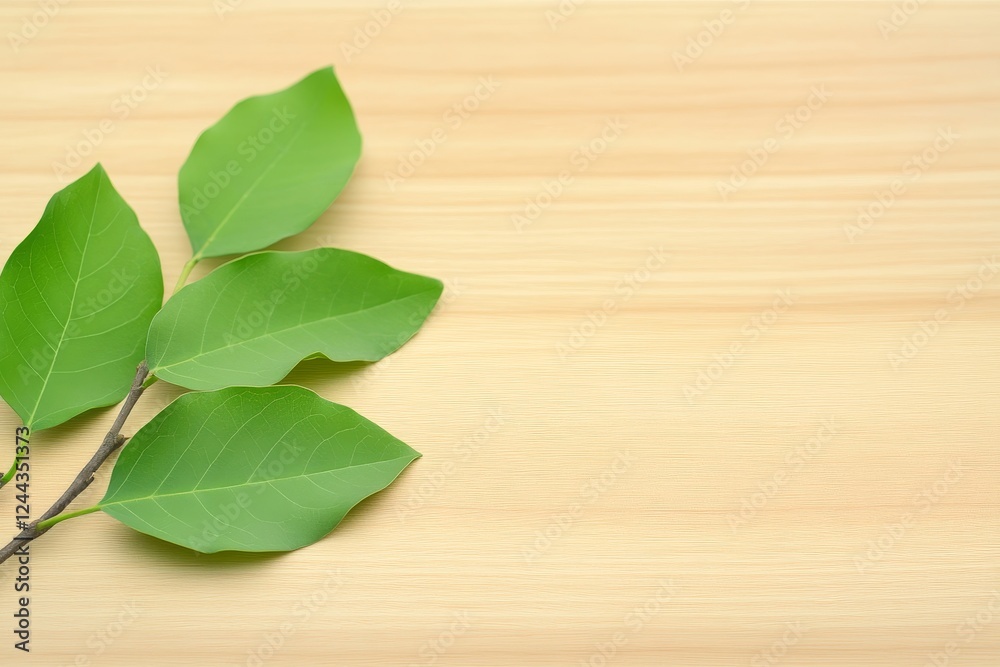 Sprig of Green Leaves on Wood - Nature, freshness, growth, serenity, spring. Three vibrant green leaves on a light beige wood background. Sprig of Green Leaves on Wood - Nature, freshness, growth, serenity, spring. Three vibrant green leaves on a light beige wood background.