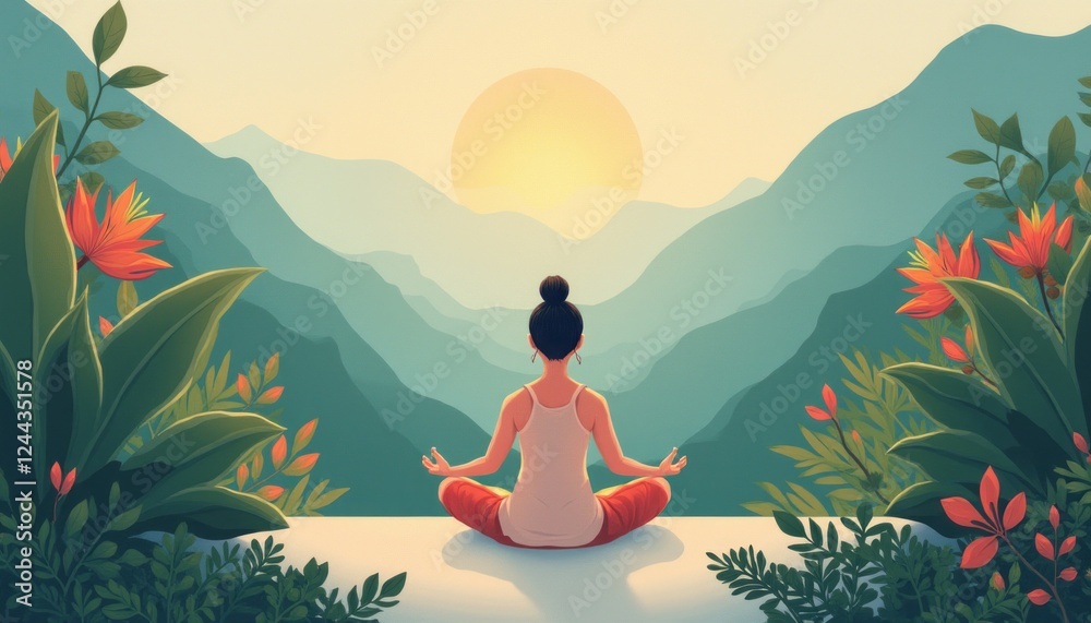 custom made wallpaper toronto digitalA tranquil scene featuring a woman in a white tank top and orange leggings, meditating peacefully as the sun rises over majestic mountains. Surrounded by vibrant tropical plants and flowers, this