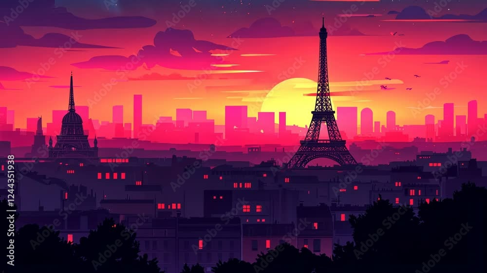Colorful Cartoon Illustration of the Eiffel Tower in Paris at Sunset
