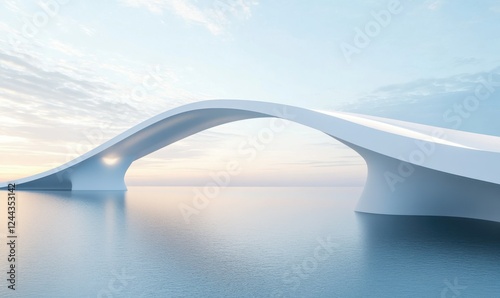 Modern white bridge curving gracefully into the horizon, a clean and elegant design blending seamlessly with the soft blue sky