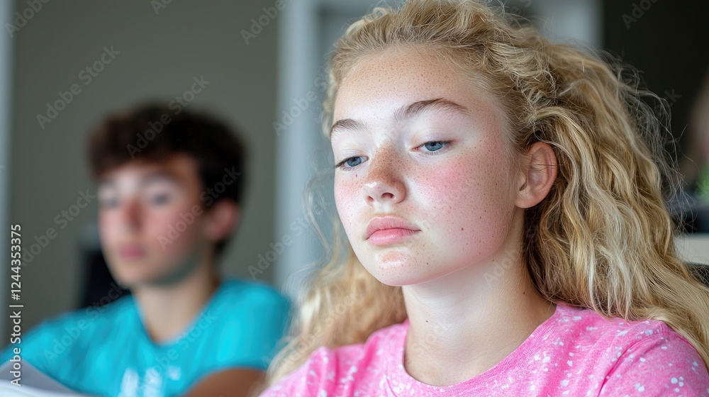 Teenage girl classroom focus pensive study Teenage girl classroom focus pensive study