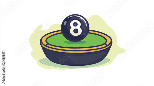 Billiard, pool club vector icon, black ball with number eight and cues on green playing field. Sport, hobby, snooker league sign, billiards game society membership emblem isolated on white background photo