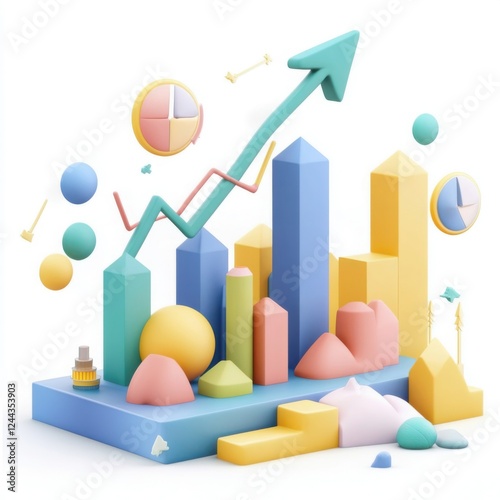 3d volumetric illustration of growth financial arrow with coins chart on white background. Business, financial growth. AI generated.