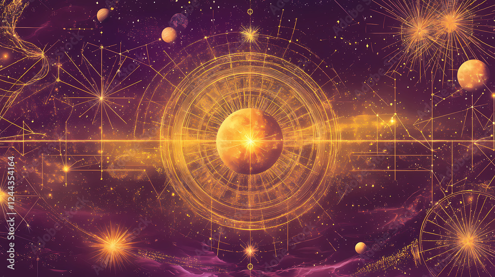 Obraz premium Mystical golden esoteric chart showing stars, planets, and celestial bodies over a purple starry sky with geometric patterns. Esoteric & Occult Imagery. Illustration