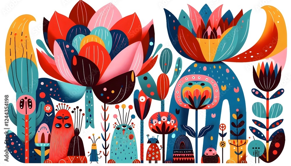 Fototapeta premium Jardines Encantados: Criaturas y Flores Mágicas
