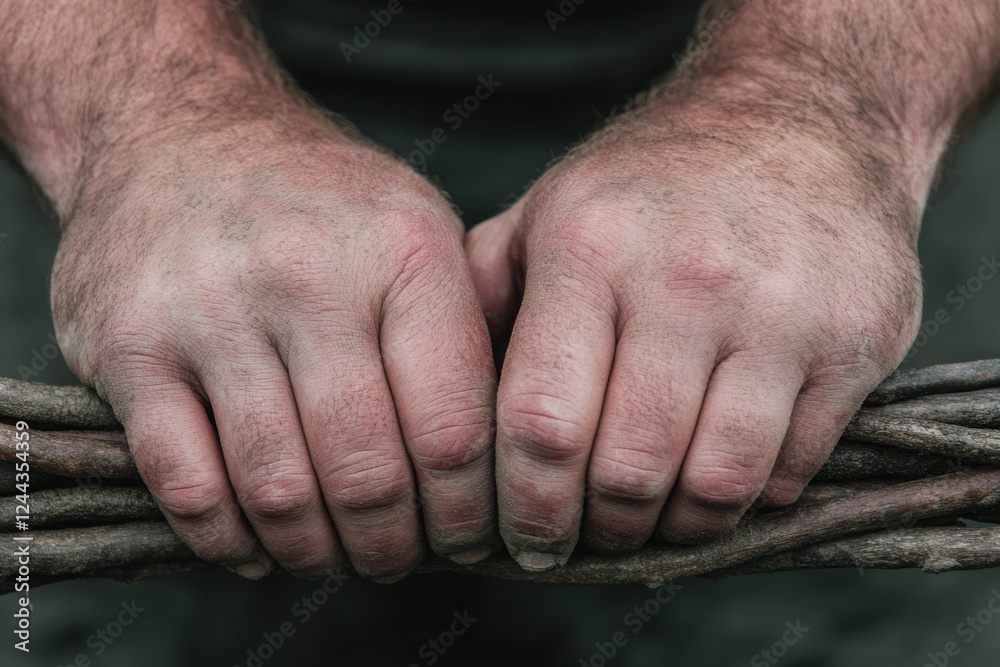 Fototapeta premium A man with dirty hands holding a bundle of sticks