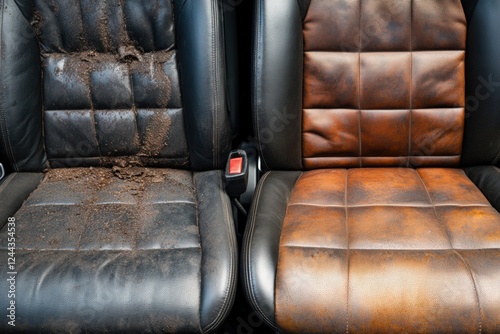 Transformation of leather car seats from filthy to spotless with compelling detail. Generative AI photo