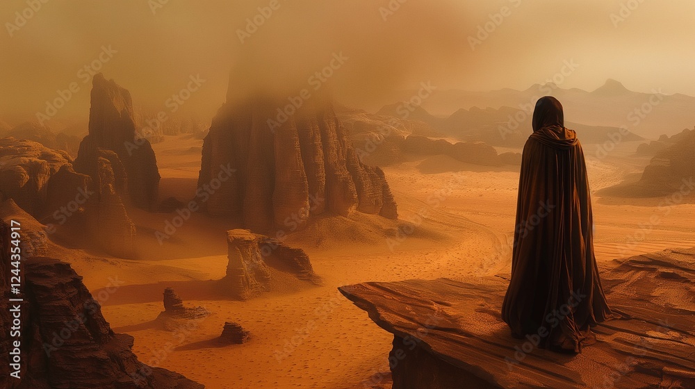 Hooded figures walking through a sandy desert under a golden haze with towering dunes in the background Hooded figures walking through a sandy desert under a golden haze with towering dunes in the background
