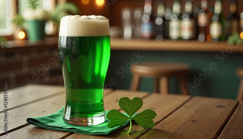 Glass of green beer with foam and shamrock on a napkin at a cozy bar with copy space