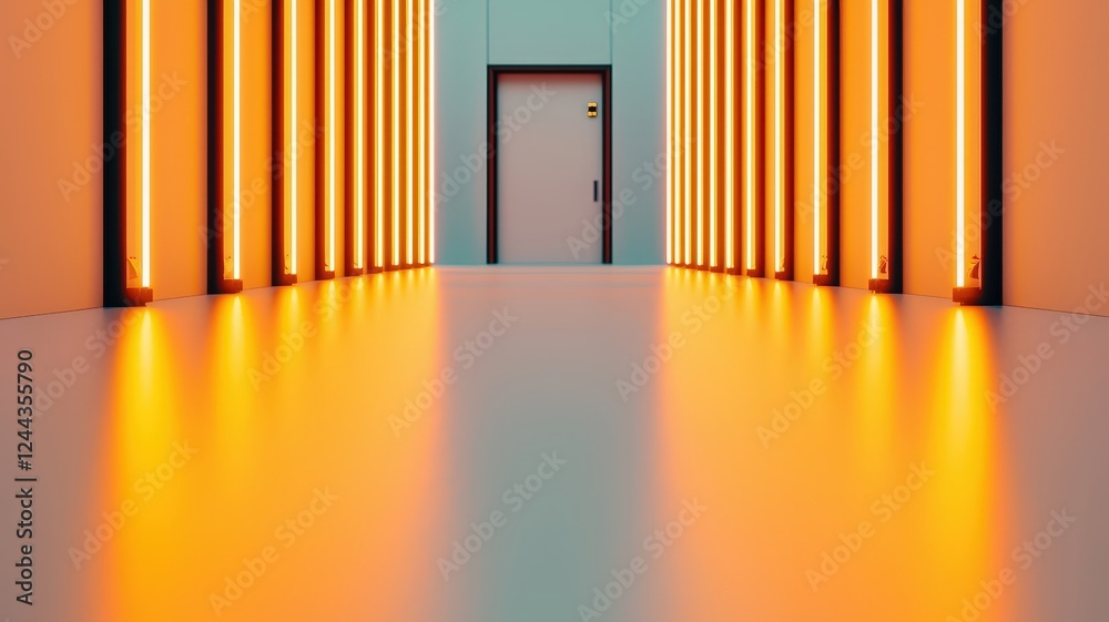 A modern hallway illuminated by glowing orange lights, leading to a door in a minimalist setting. A modern hallway illuminated by glowing orange lights, leading to a door in a minimalist setting.