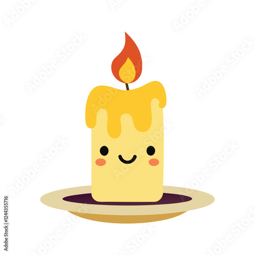 Cute Cartoon Smiling Candle Icon - Kawaii Style, Warm Light, Festive, Cozy, Decorative, Adorable Wax Candle Vector