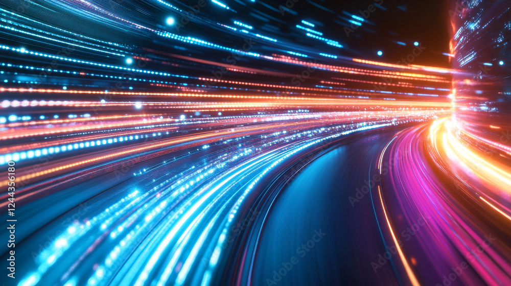 Obraz premium A futuristic stream of data with an explosive visual effect, featuring neon-glowing motion rays and a hyper-speed space travel aesthetic