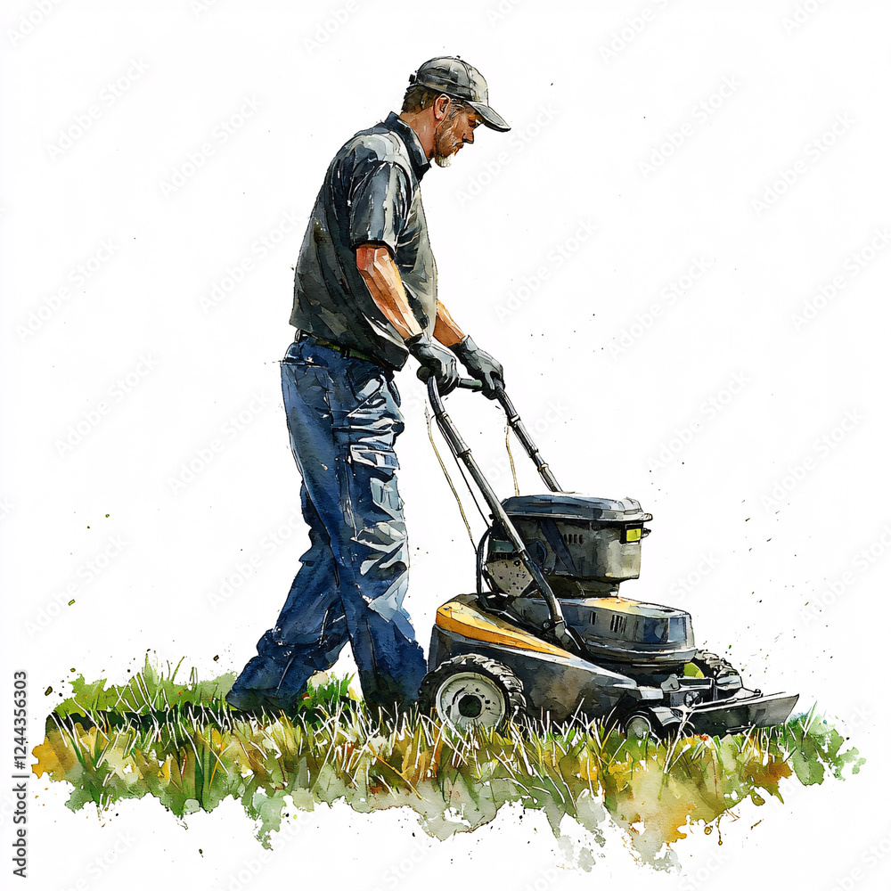 Watercolor-style image of a man in jeans and a cap mowing a lawn with a push mower. Watercolor-style image of a man in jeans and a cap mowing a lawn with a push mower.
