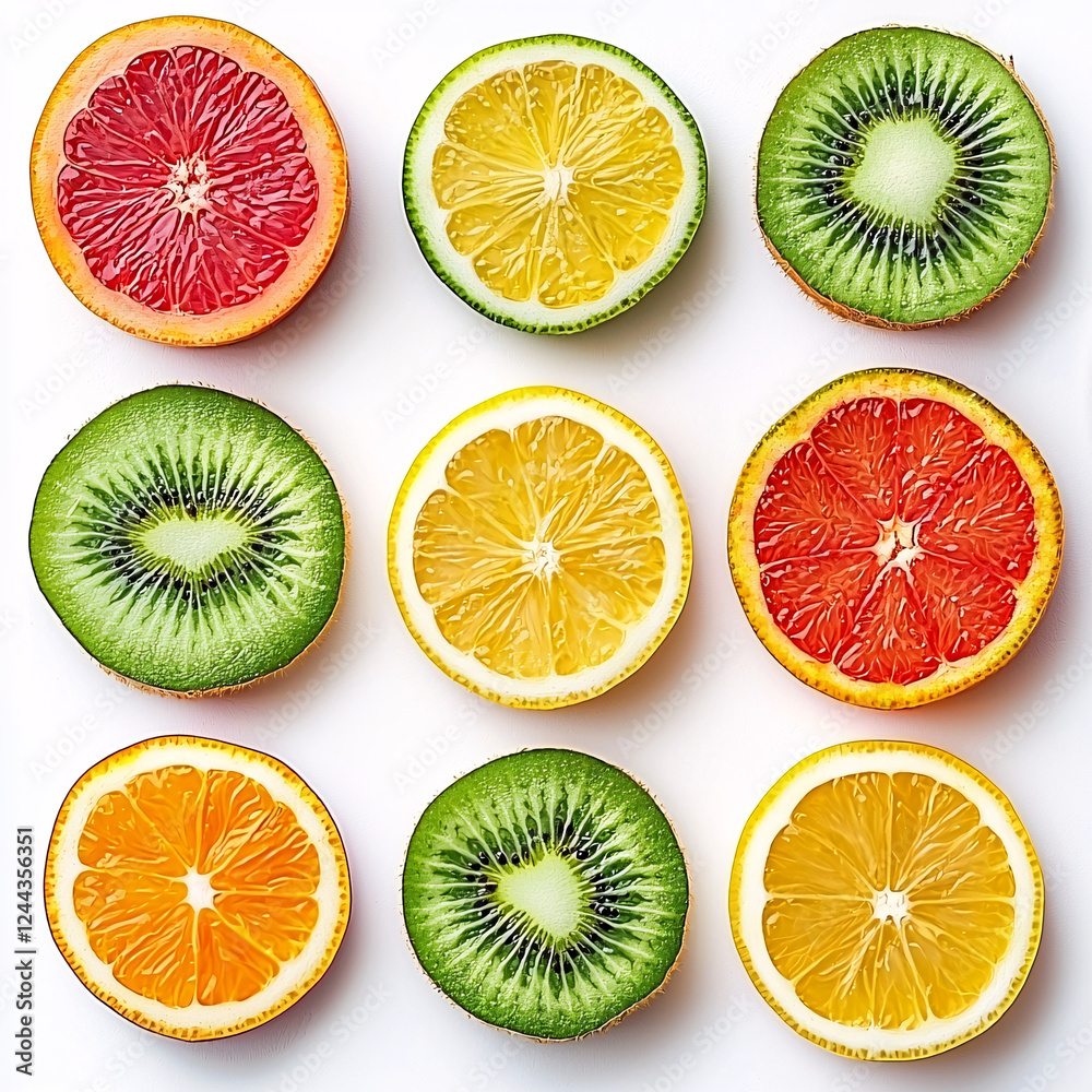 Nine fruit halves, including kiwi, lemon, orange, and grapefruit, are arranged in a square grid on a white background, showcasing vibrant colors and textures. Nine fruit halves, including kiwi, lemon, orange, and grapefruit, are arranged in a square grid on a white background, showcasing vibrant colors and textures.