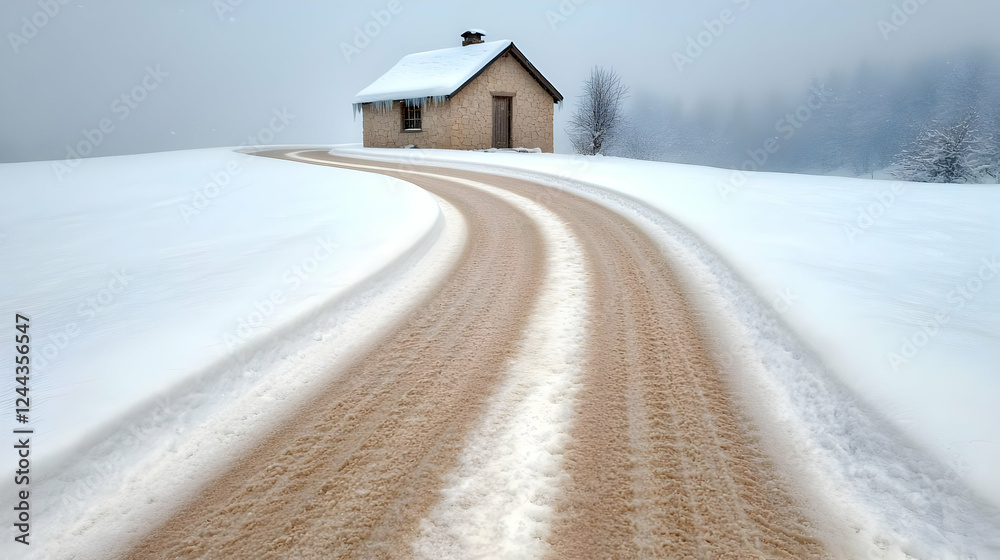Snowy road curving to winter cabin, foggy hills Snowy road curving to winter cabin, foggy hills