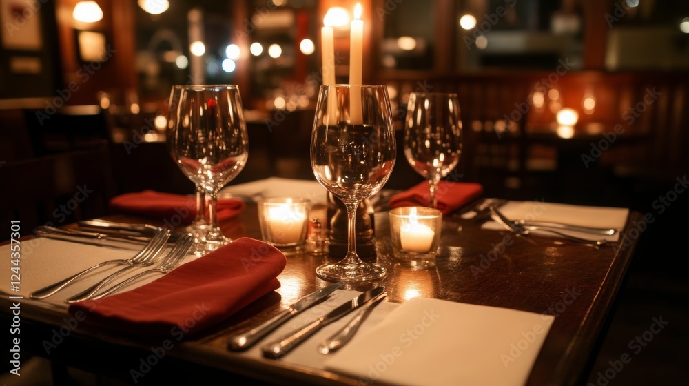 Romantic candlelit dinner table set with wine glasses, knives, forks, and napkins Romantic candlelit dinner table set with wine glasses, knives, forks, and napkins