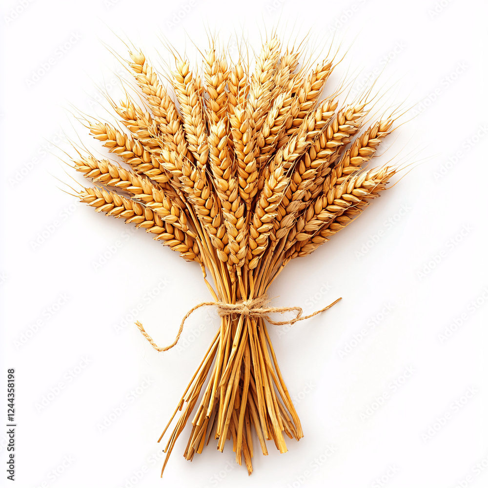 Fototapeta premium Golden wheat stalks gathered and tied together with string, isolated against a clean, white background.
