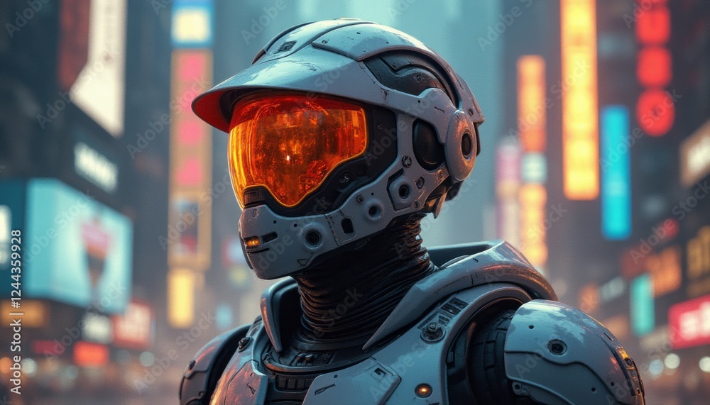 A sleek, futuristic robot stands confidently in a vibrant neon-lit city, showcasing advanced technology and design. Its striking orange visor reflects the dazzling lights of the bustling metropolis A sleek, futuristic robot stands confidently in a vibrant neon-lit city, showcasing advanced technology and design. Its striking orange visor reflects the dazzling lights of the bustling metropolis