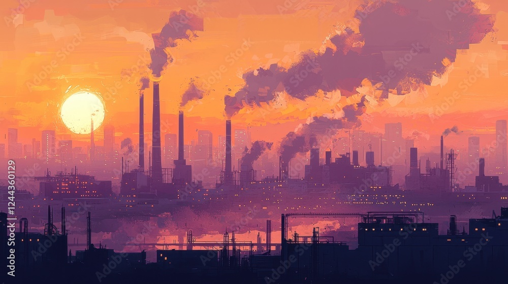 Fototapeta premium Smokestacks emit thick smoke into the sky as the sun sets behind a sprawling industrial landscape. The vibrant colors contrast with the dark silhouettes of factories
