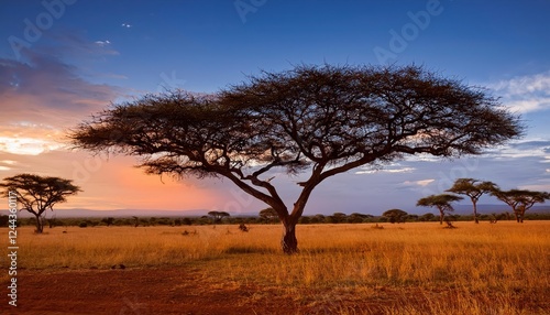 Majestic Acacia Tree Silhouette Against the African Skyline, Bathed in the Soft Glow of a Kenyan Dusk, Overlooking the Vast Lewa Wildlife Conservancy.
