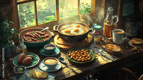 Irish cuisine with fried eggs and sausages, baked beans and tomatoes, meat and root vegetables stew, mashed potato topped with boiled pigs feet and cup of coffee with raisin bread barmbrack photo