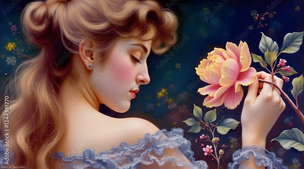 Fototapeta premium A beautiful painting of a woman elegantly holding a pink flower