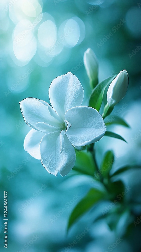 Close-up of a delicate white flower with buds, soft focus teal background.