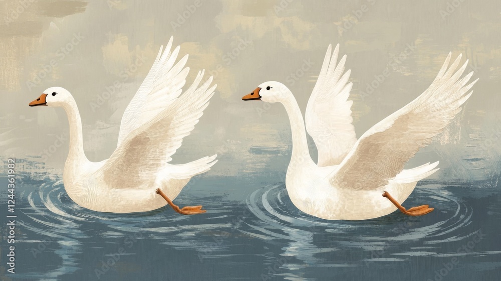 Obraz premium Two white geese floating gracefully on a pond.