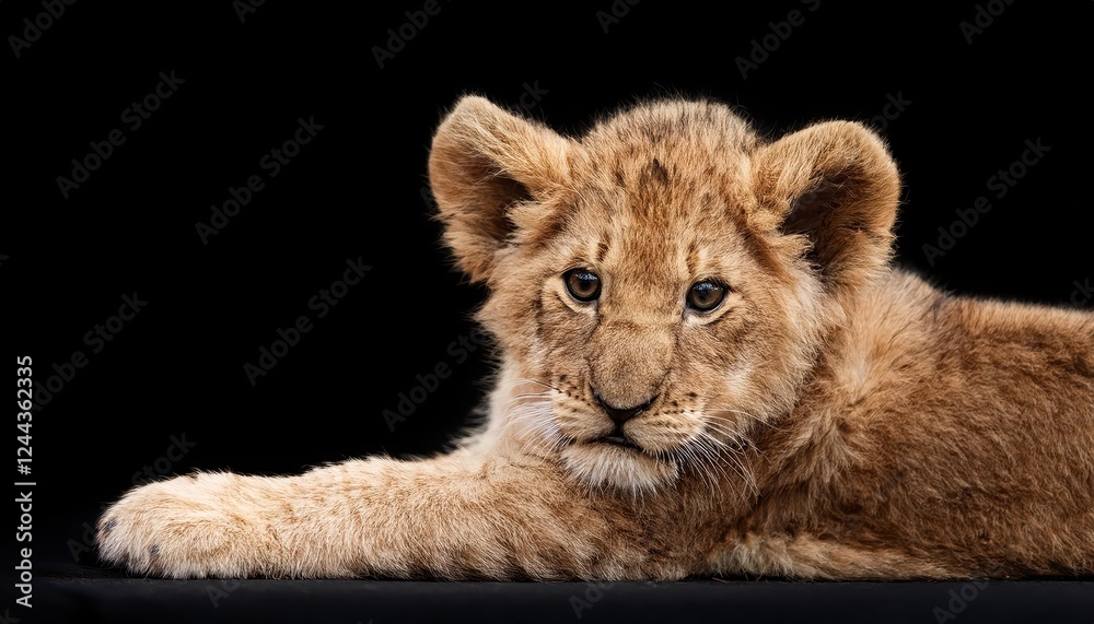 Striking Portrait of an Isolated Lion Cub Basking in a Dramatic Black Background, Showcasing Curiosity and Playfulness with its Vibrant, Wild Spirit. Striking Portrait of an Isolated Lion Cub Basking in a Dramatic Black Background, Showcasing Curiosity and Playfulness with its Vibrant, Wild Spirit.