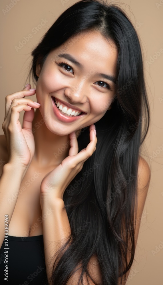 A beautiful young woman with long, flowing black hair beams with joy, her hands gently framing her face against a soft beige background. Her bright smile radiates positivity and warmth, inviting A beautiful young woman with long, flowing black hair beams with joy, her hands gently framing her face against a soft beige background. Her bright smile radiates positivity and warmth, inviting