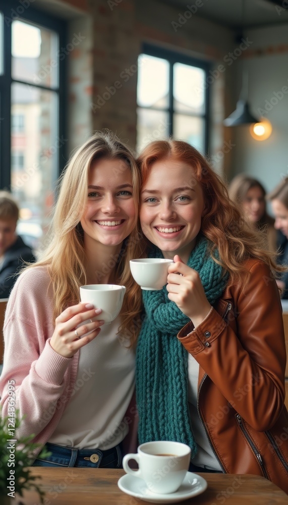 Two smiling women, one with red hair and the other with blonde, enjoy steaming cups of coffee in a warm café setting. Their vibrant expressions radiate happiness and friendship, capturing the essence Two smiling women, one with red hair and the other with blonde, enjoy steaming cups of coffee in a warm café setting. Their vibrant expressions radiate happiness and friendship, capturing the essence