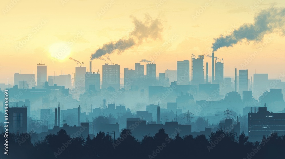 Fototapeta premium Factories dominate the skyline as smoke rises into the air, illuminated by the orange hues of the setting sun, creating a serene yet industrial landscape