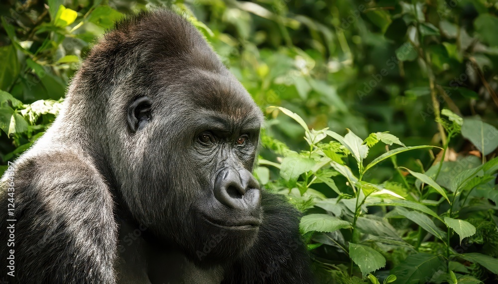 Majestic Gorilla Roaming the Lush African Jungle Powerful Primate in Rich Greens and Earthy Tones, Encountered in His Natural Habitat at Dusk. Majestic Gorilla Roaming the Lush African Jungle Powerful Primate in Rich Greens and Earthy Tones, Encountered in His Natural Habitat at Dusk.