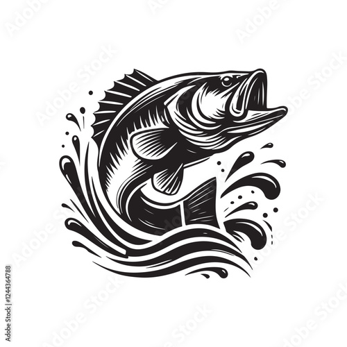 Black Color Bass silhouette design Vector Illustration, Solid White Background (4).eps