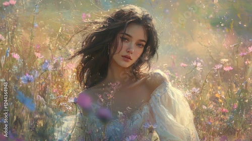 Dreamlike Woman in a Flower Field