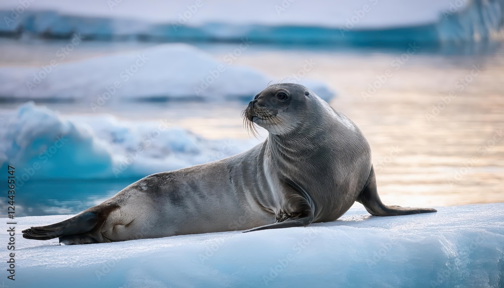 Naklejka premium Majestic Adult Weddell Seal Leptonychotes weddellii Amidst Antarctic Ice Capes at Twilight, Capturing the Serene Beauty of the Southern Wilderness