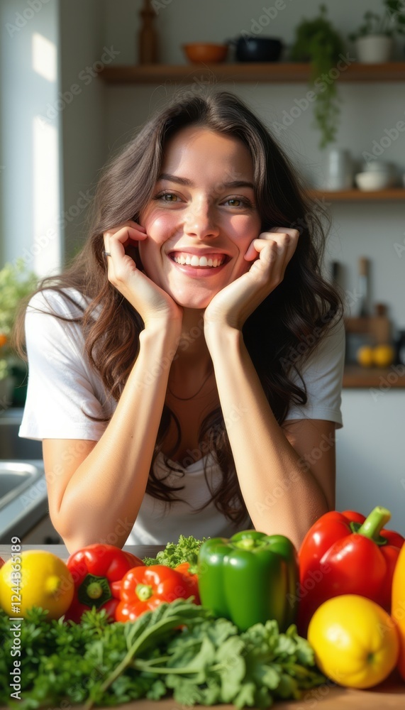 A cheerful young woman with long, wavy hair beams with delight as she rests her chin on her hands, surrounded by a vibrant array of fresh vegetables. The scene radiates health and happiness A cheerful young woman with long, wavy hair beams with delight as she rests her chin on her hands, surrounded by a vibrant array of fresh vegetables. The scene radiates health and happiness