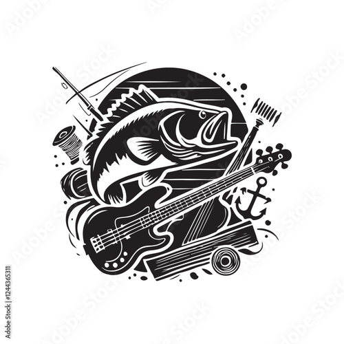 Black Color Bass silhouette design Vector Illustration, Solid White Background (7).eps