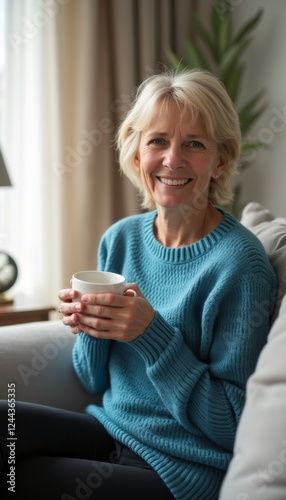 A cheerful middle-aged woman with blonde hair sits comfortably on a sofa, holding a warm cup of tea. Her bright smile radiates warmth and contentment, perfectly capturing the essence of a cozy