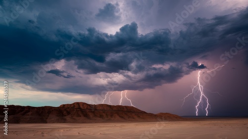 Lightning strikes illuminate dark clouds over desert landscape during a thunderstorm in the late afternoon Generative, Ai 