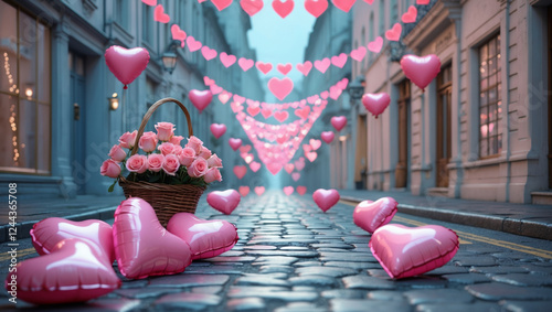 Celebrate love in the charming streets adorned with hearts and flowers on Valentine's Day