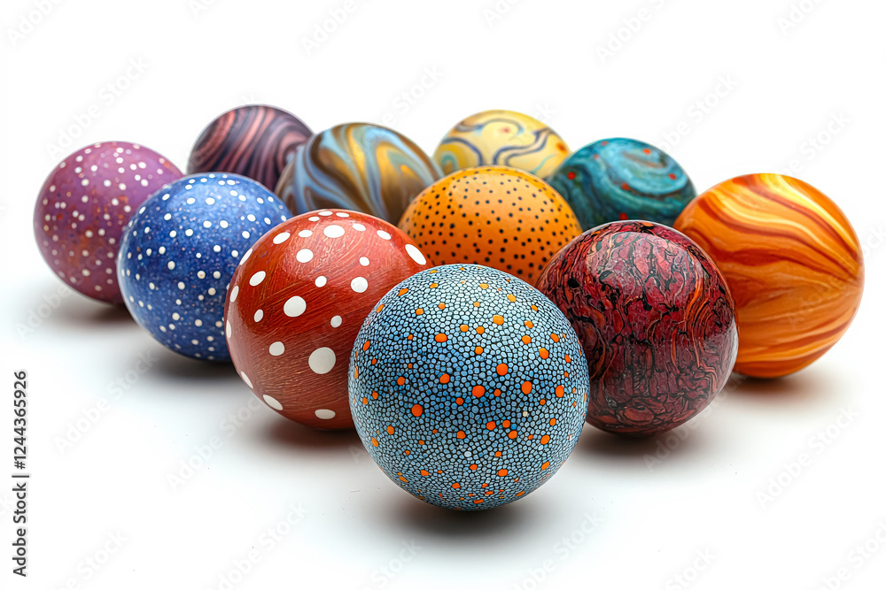 Row of colorful balls with different patterns and designs. The balls are arranged in a line, with some being larger than others. Scene is cheerful and playful, as the variety of colors