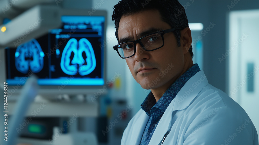 Hispanic Neurologist Analyzing Brain Scans with Focused Expression in Medical Office Setting Hispanic Neurologist Analyzing Brain Scans with Focused Expression in Medical Office Setting