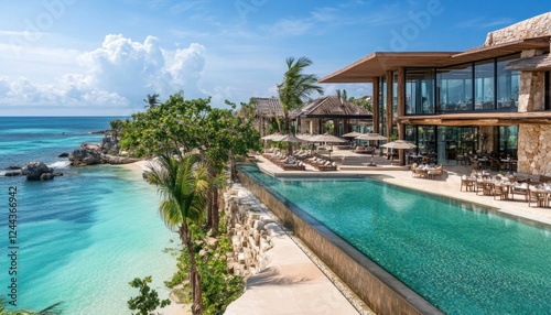 Luxury hotel with infinity pool overlooking tropical beach in riviera maya photo