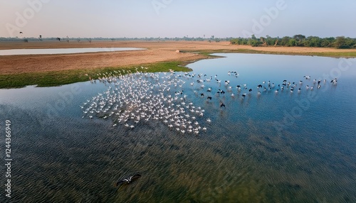 Stunning Aerial Perspective of a Flock of Birds Over Badshahpur Jheel at Dusk, Showcasing the Peaceful Countryside Near Gurgaon, Haryana photo