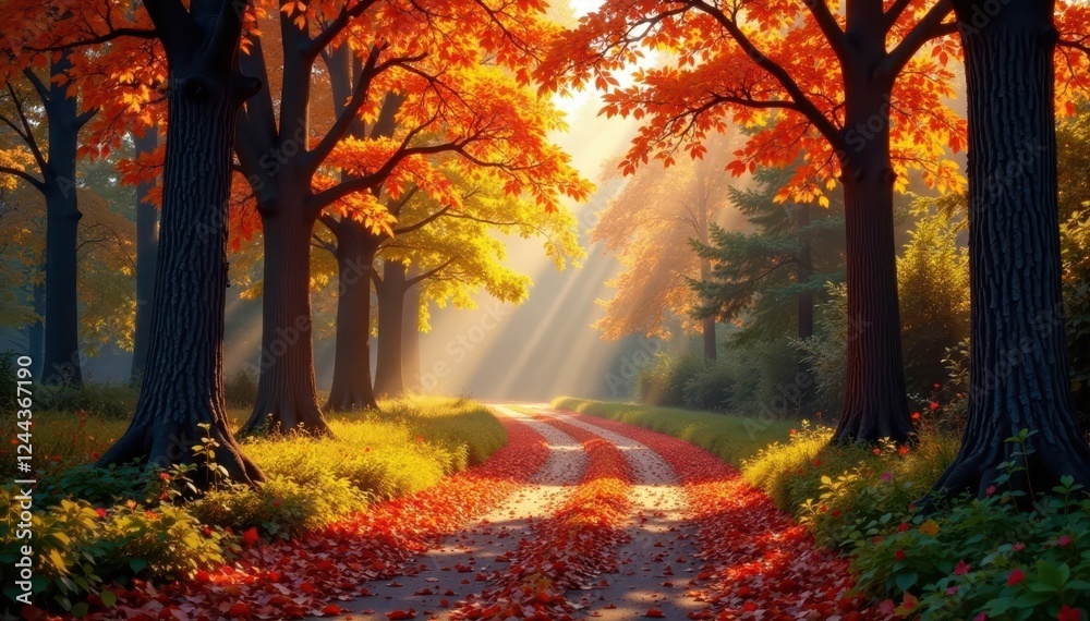 Crisp autumn air, sunlit canopy above a colorful forest path , yellow, forest Crisp autumn air, sunlit canopy above a colorful forest path , yellow, forest